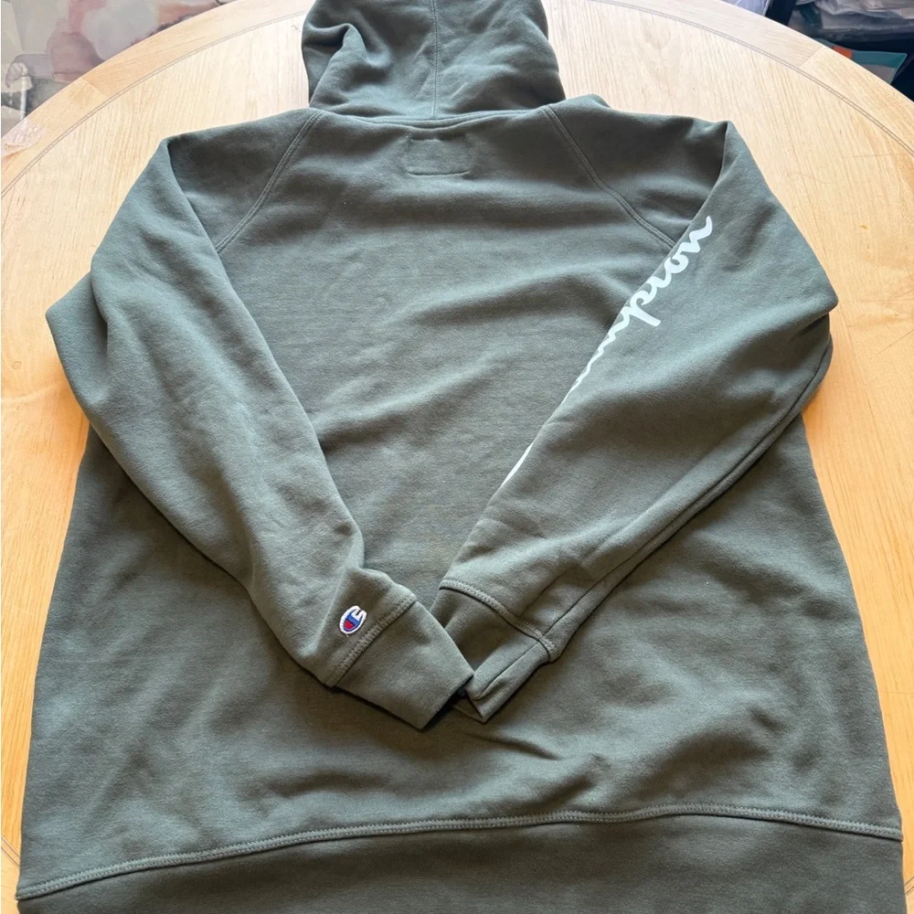 Champion Script Sleeve Hoodie Olive Green Pullover Sweatshirt Size L Streetwear - Picture 7 of 7